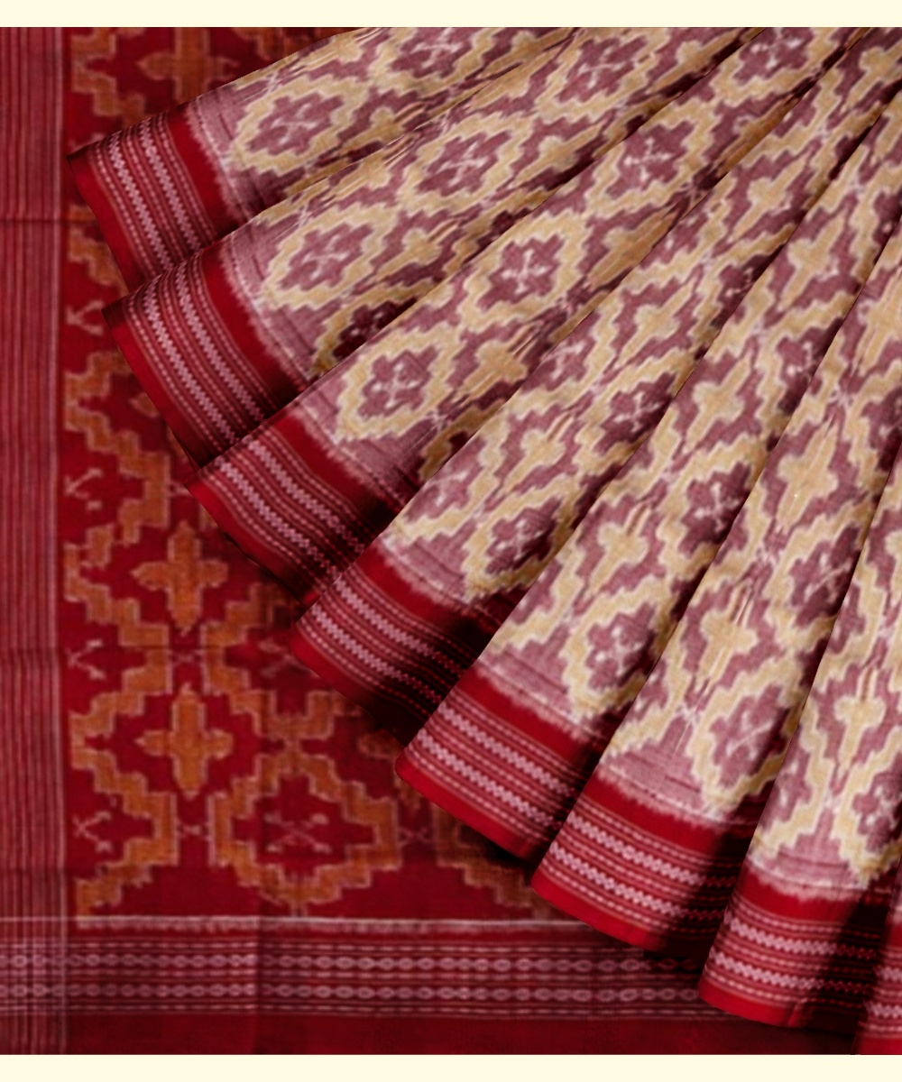 Red Sambalpuri Handwoven Single Ikat Cotton Saree Image 3