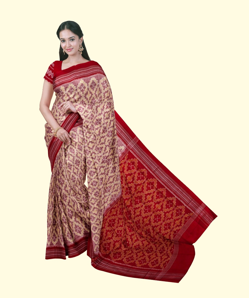 Red Sambalpuri Handwoven Single Ikat Cotton Saree SFCSAR2261