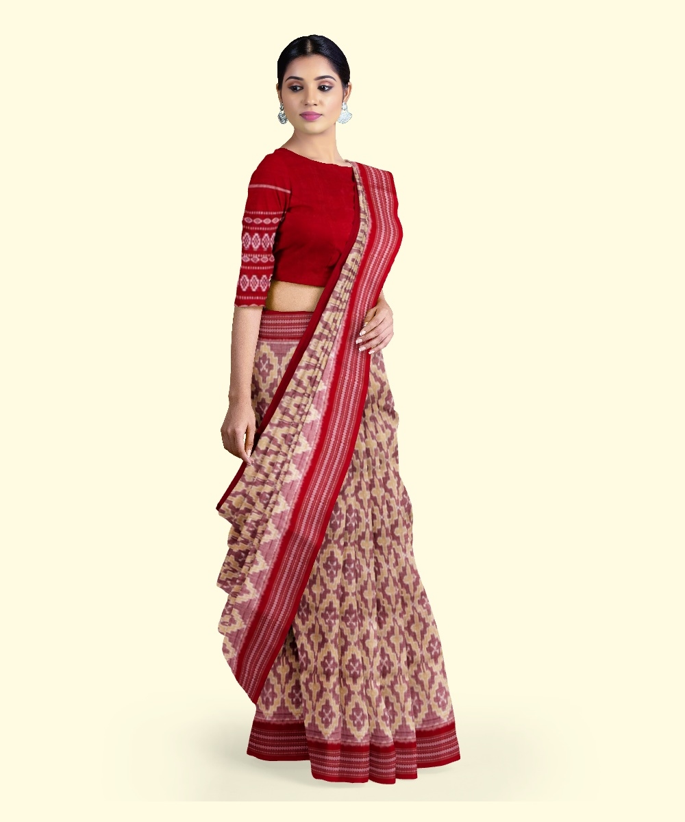 Red Sambalpuri Handwoven Single Ikat Cotton Saree Image 2