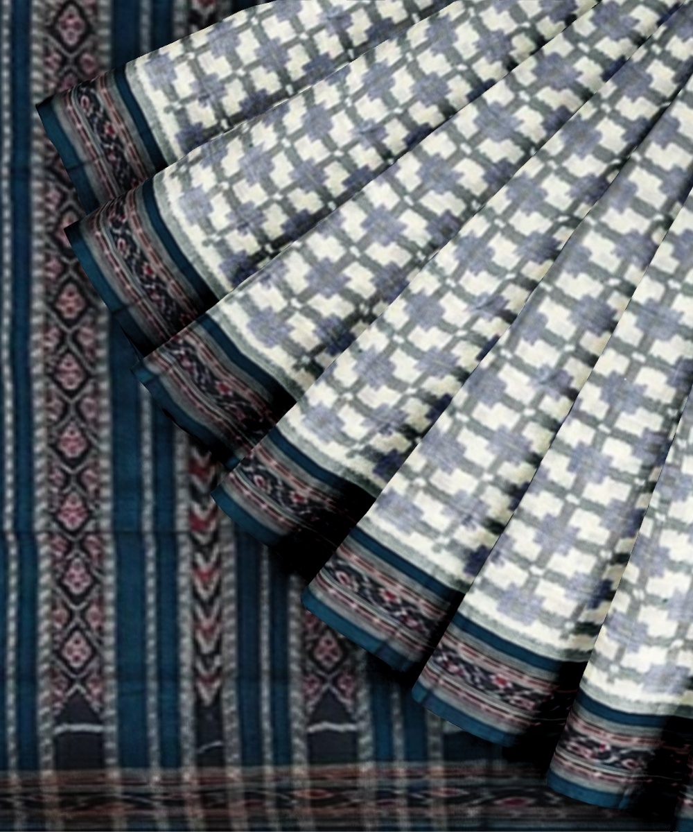Gray Green Sambalpuri Handwoven Single Ikat Cotton Saree Image 2