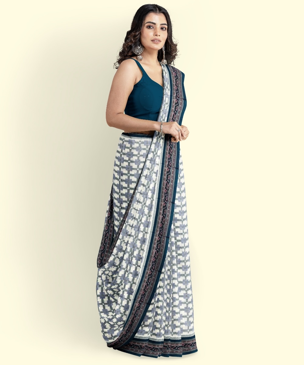 Gray Green Sambalpuri Handwoven Single Ikat Cotton Saree Image 4