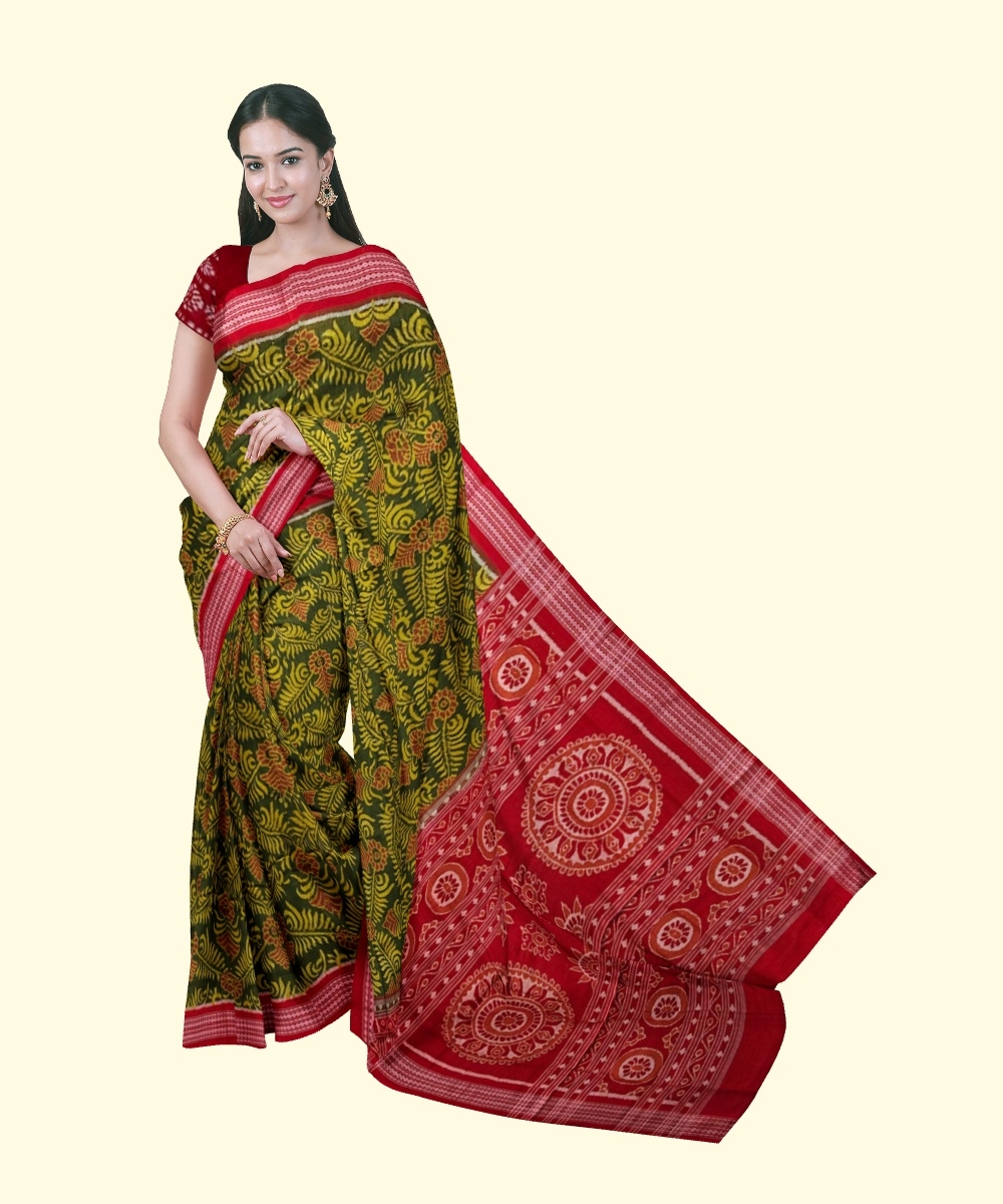 Olive Sambalpuri Handwoven Single Ikat Cotton Saree SFCSAR2263