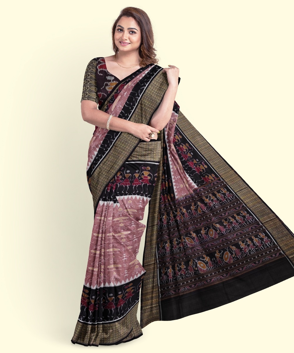 Pink Coffee Sambalpuri Handwoven Single Ikat Cotton Saree Image 2