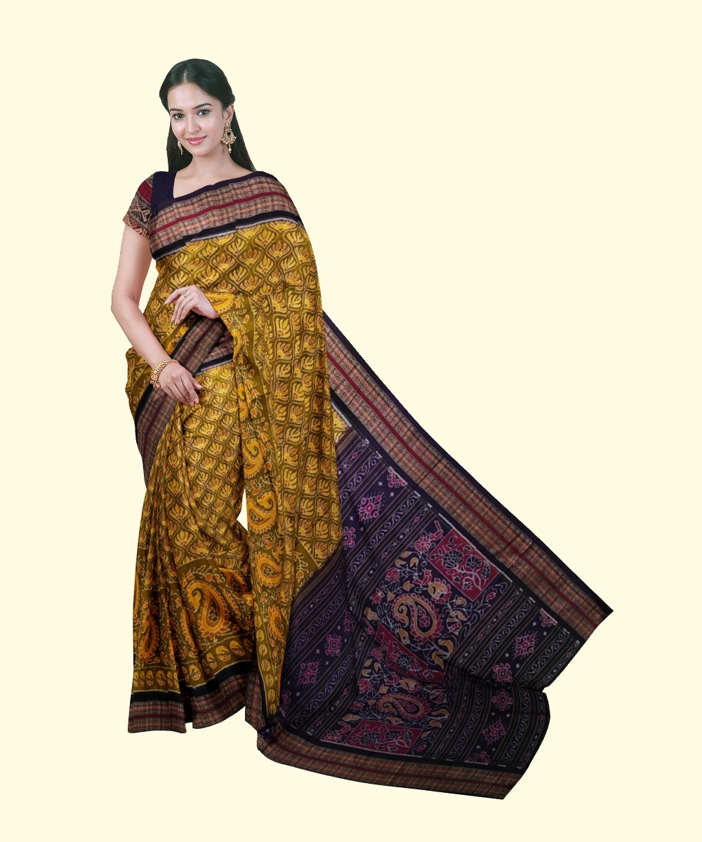 Yellow Black Sambalpuri Handwoven Single Ikat Cotton Saree SFCSAR2265