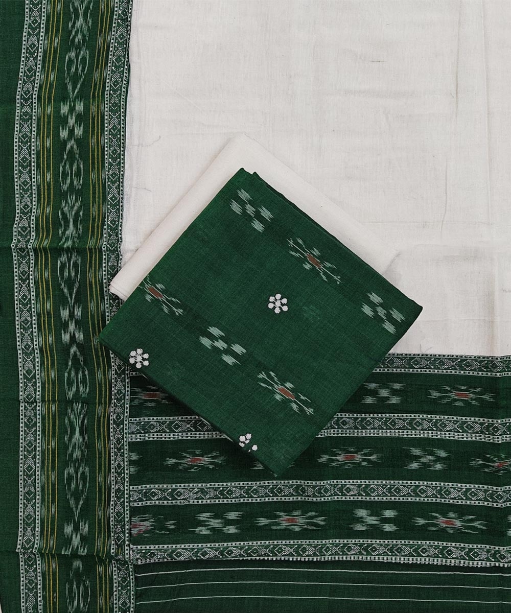 Green White Sambalpuri Handwoven Double Ikat Suit Image 1