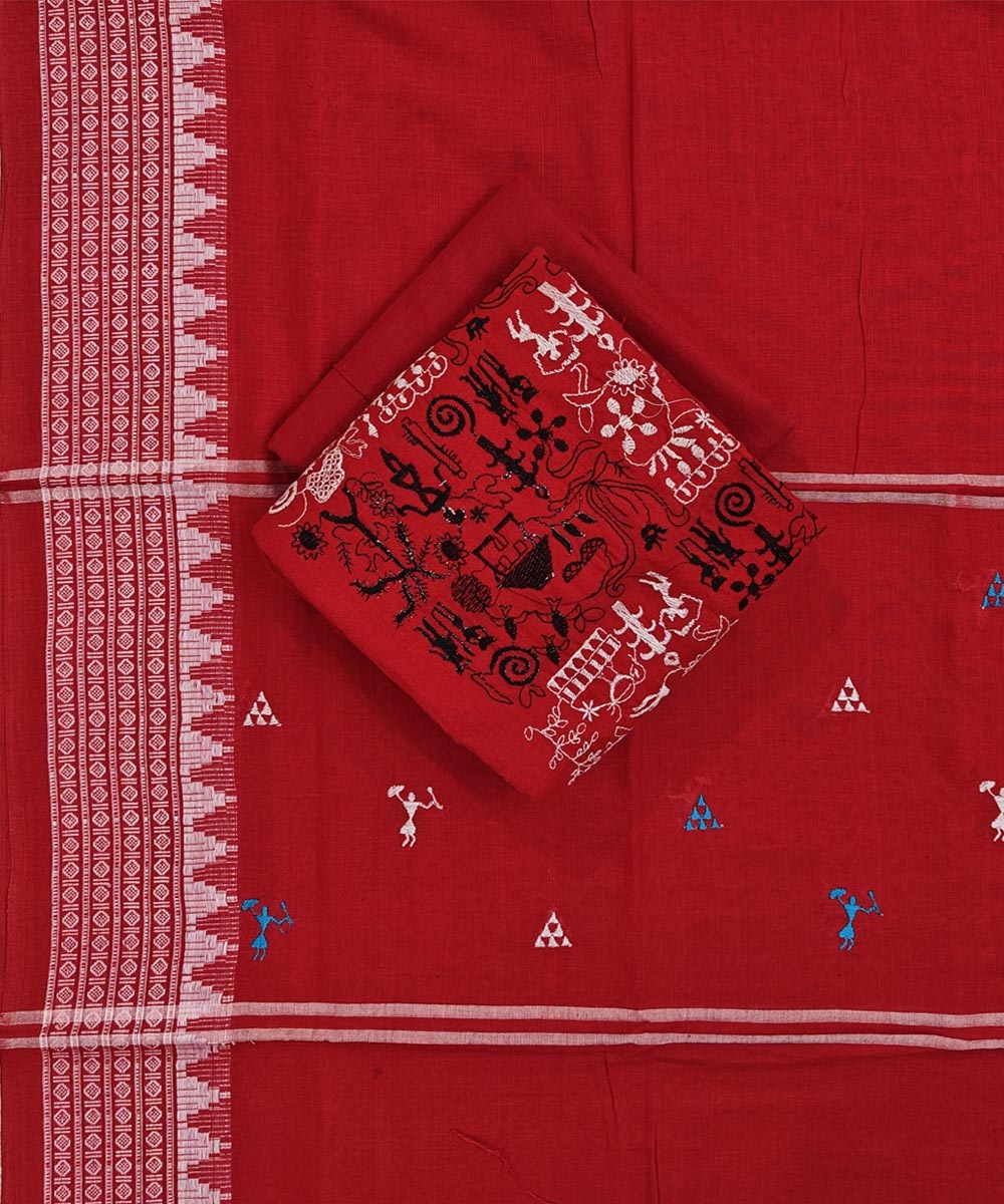 Red Sambalpuri Handwoven Double Ikat Suit Image 1