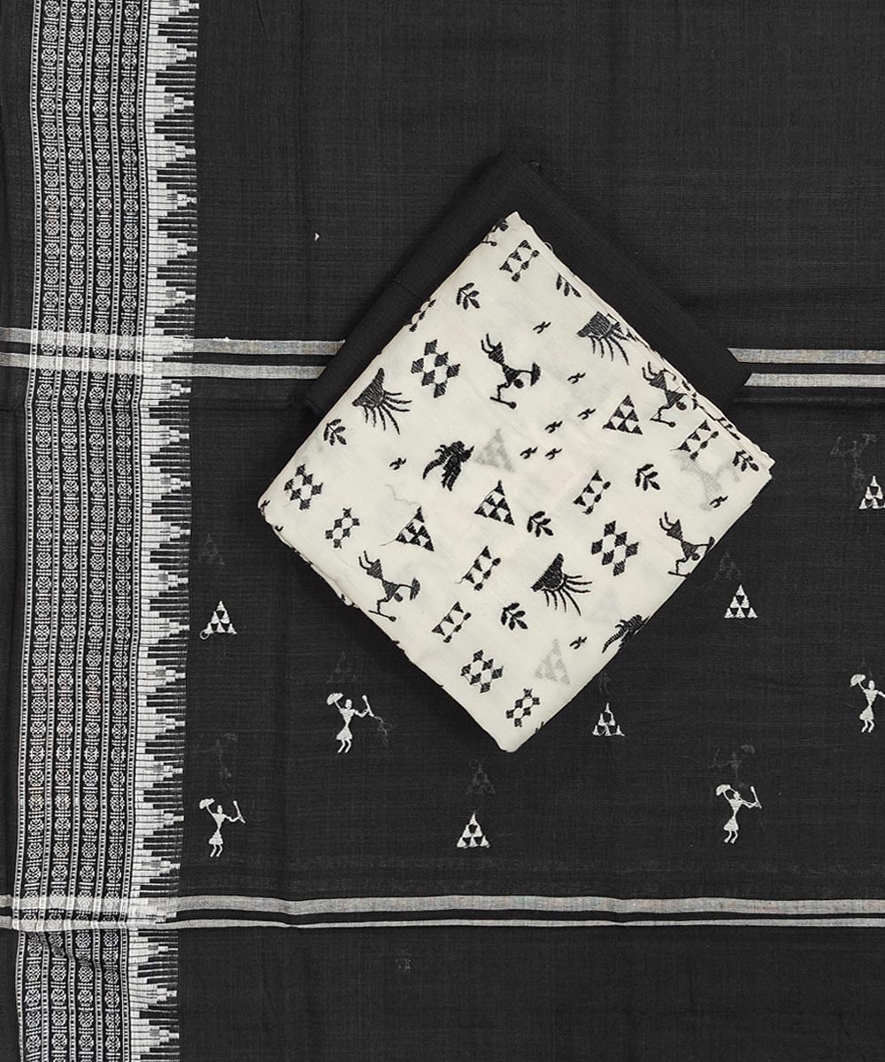 White Black Sambalpuri Handwoven Double Ikat Suit Image 1
