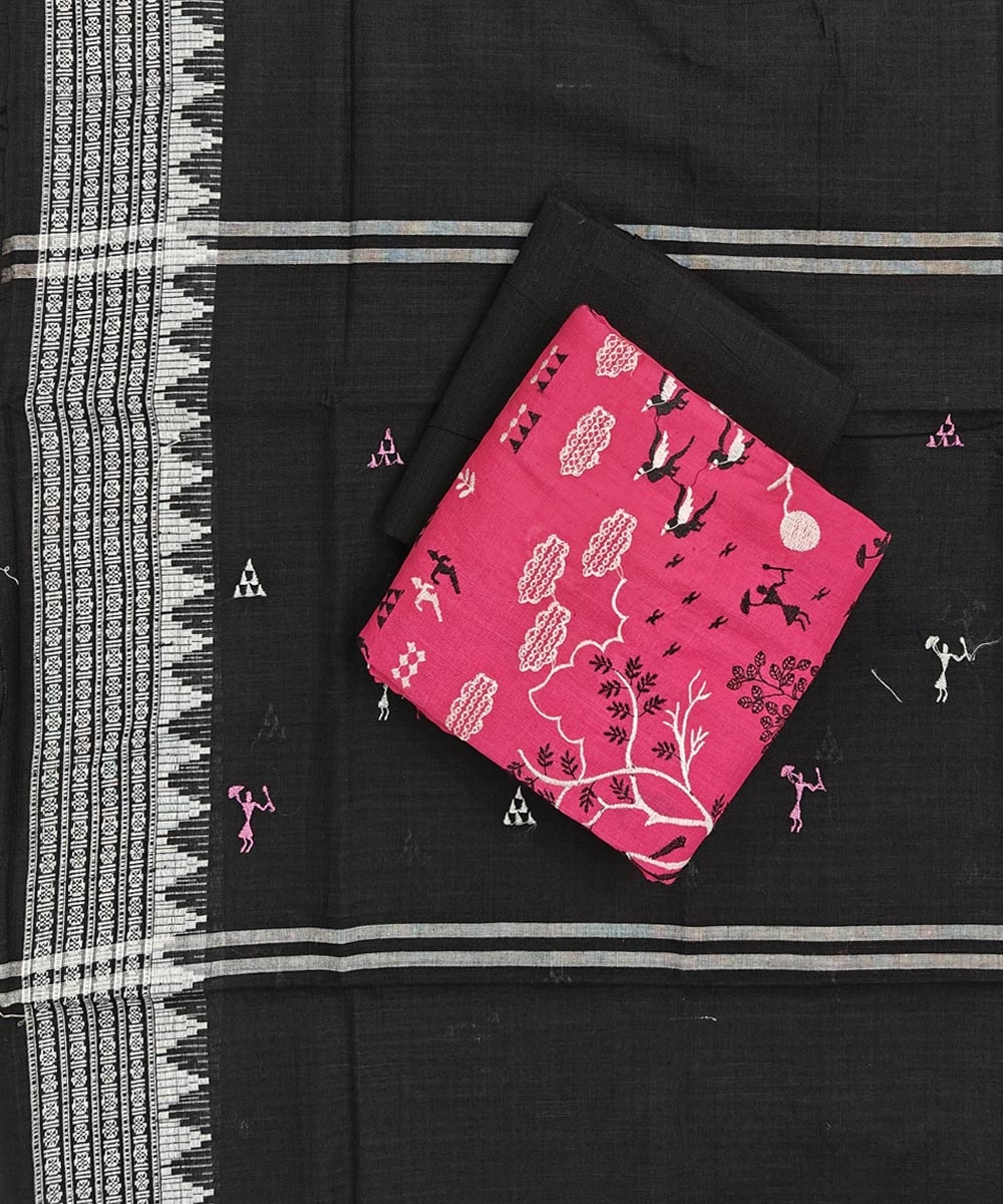 Pink Black Sambalpuri Handwoven Double Ikat Suit Image 1