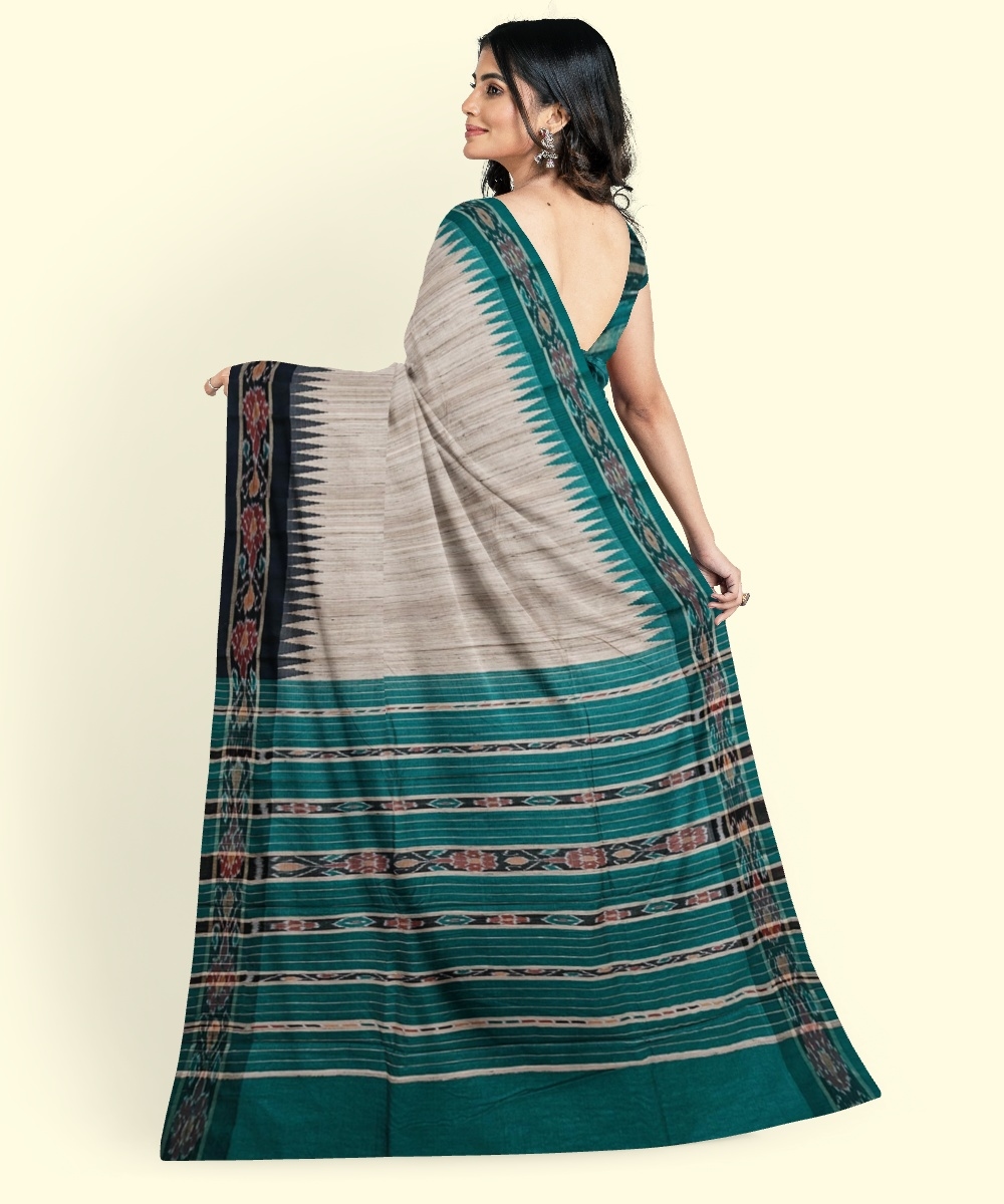 Beige Sambalpuri Handwoven Ikat Border Tussar Silk Saree Image 2