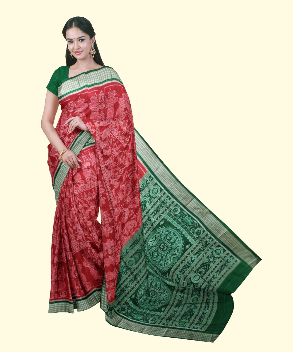 Red Sambalpuri Handwoven Ikat Silk Saree Image 1