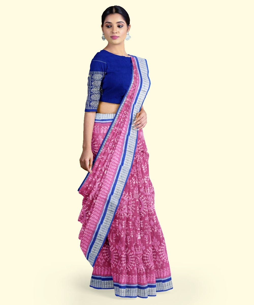 Pink Blue Sambalpuri Handwoven Ikat Silk Saree Image 4