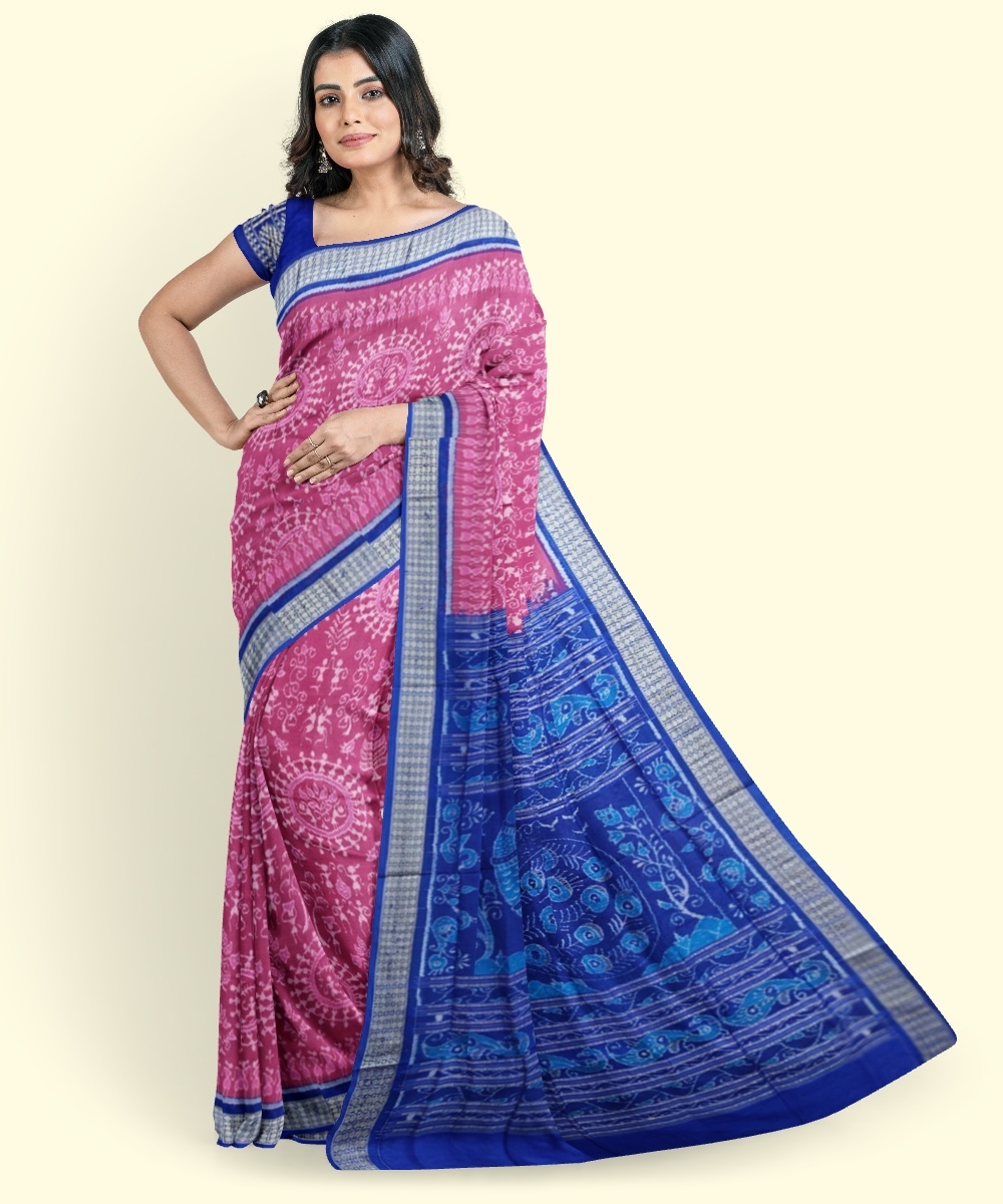 Pink Blue Sambalpuri Handwoven Ikat Silk Saree Image 1
