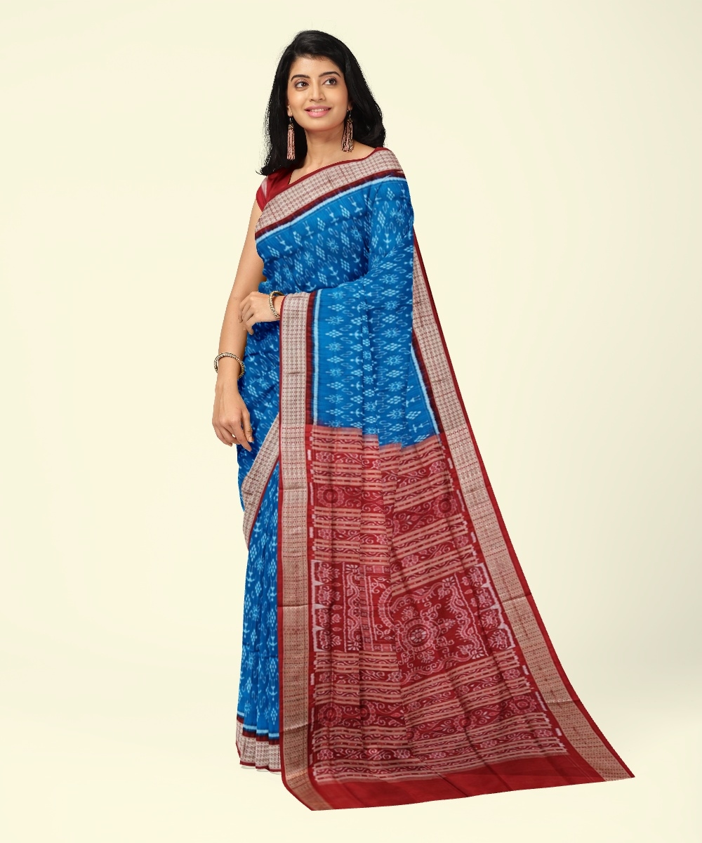 Blue Red Sambalpuri Handwoven Ikat Silk Saree Image 2