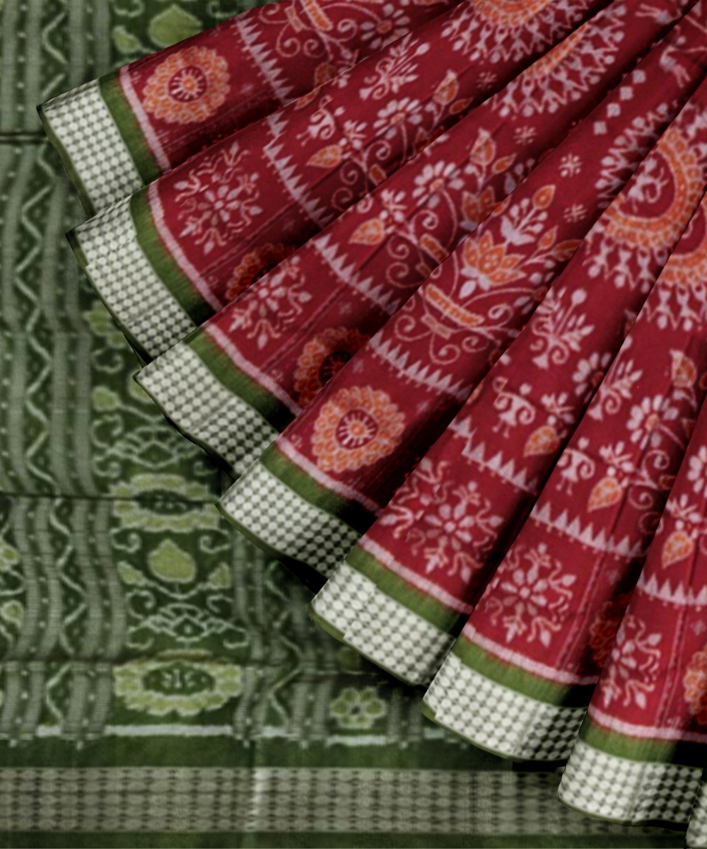 Maroon Green Sambalpuri Handwoven Ikat Silk Saree Image 4