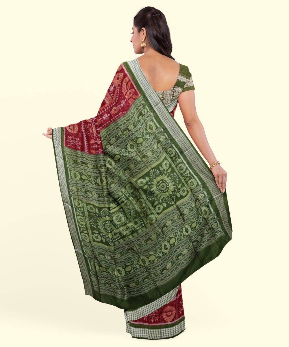 Maroon Green Sambalpuri Handwoven Ikat Silk Saree Image 2