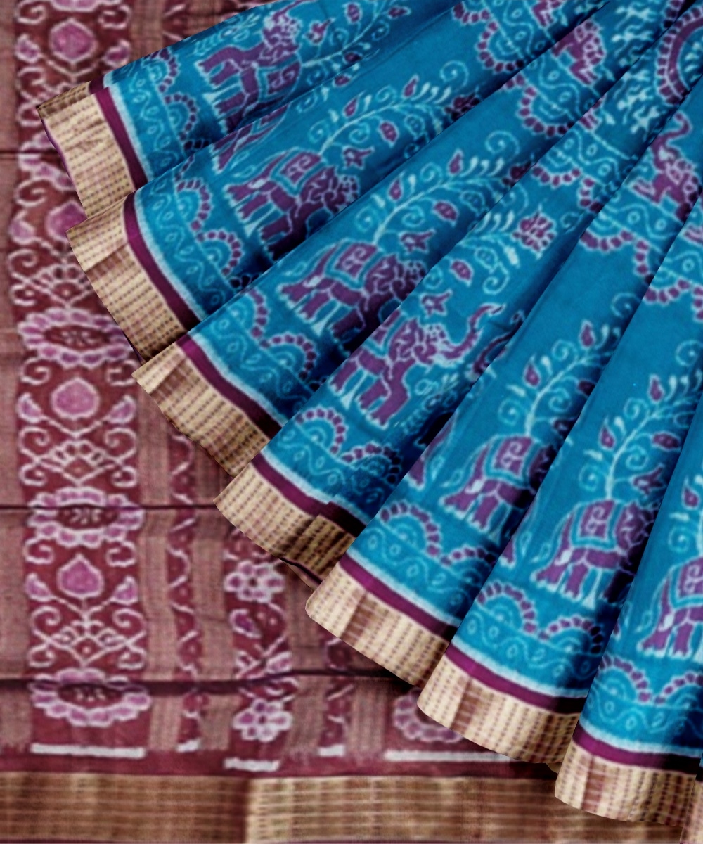 Blue Red Sambalpuri Handwoven Ikat Silk Saree Image 2