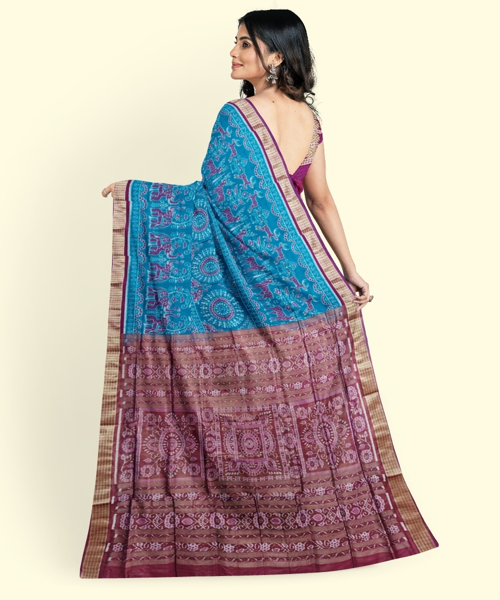 Blue Red Sambalpuri Handwoven Ikat Silk Saree Image 3