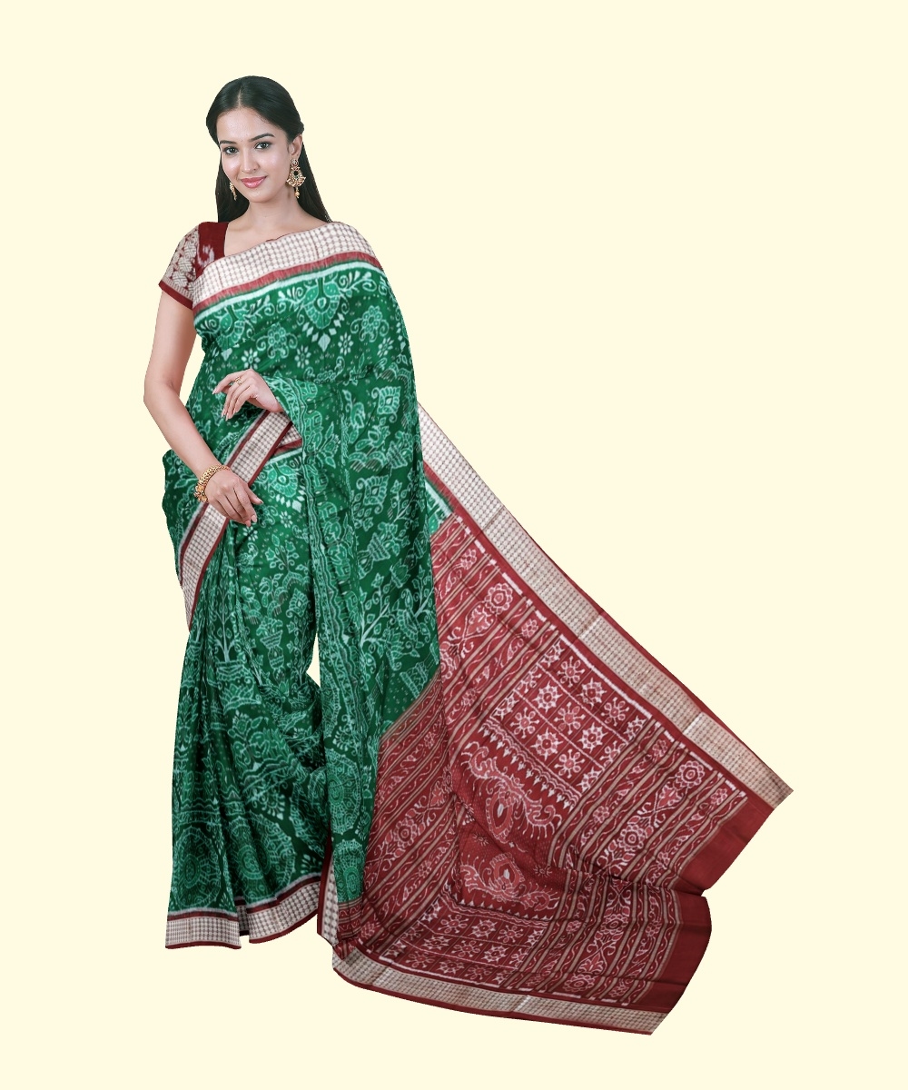 Green Red Sambalpuri Handwoven Ikat Silk Saree Image 1