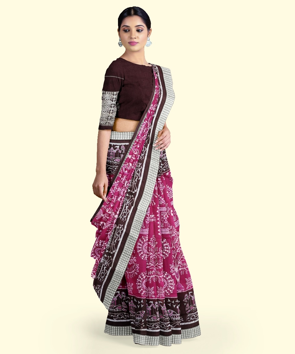 Pink Coffee Sambalpuri Handwoven Ikat Silk Saree Image 3