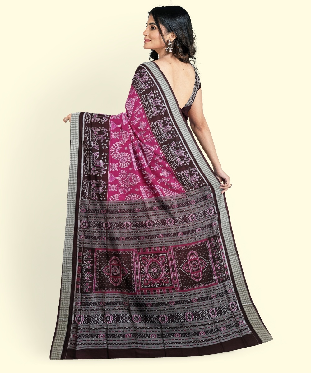 Pink Coffee Sambalpuri Handwoven Ikat Silk Saree Image 4