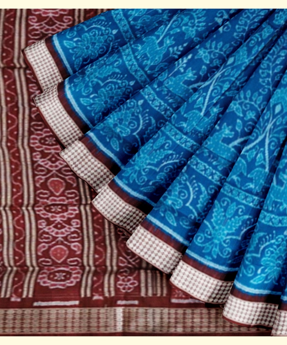 Blue Red Sambalpuri Handwoven Ikat Silk Saree Image 3