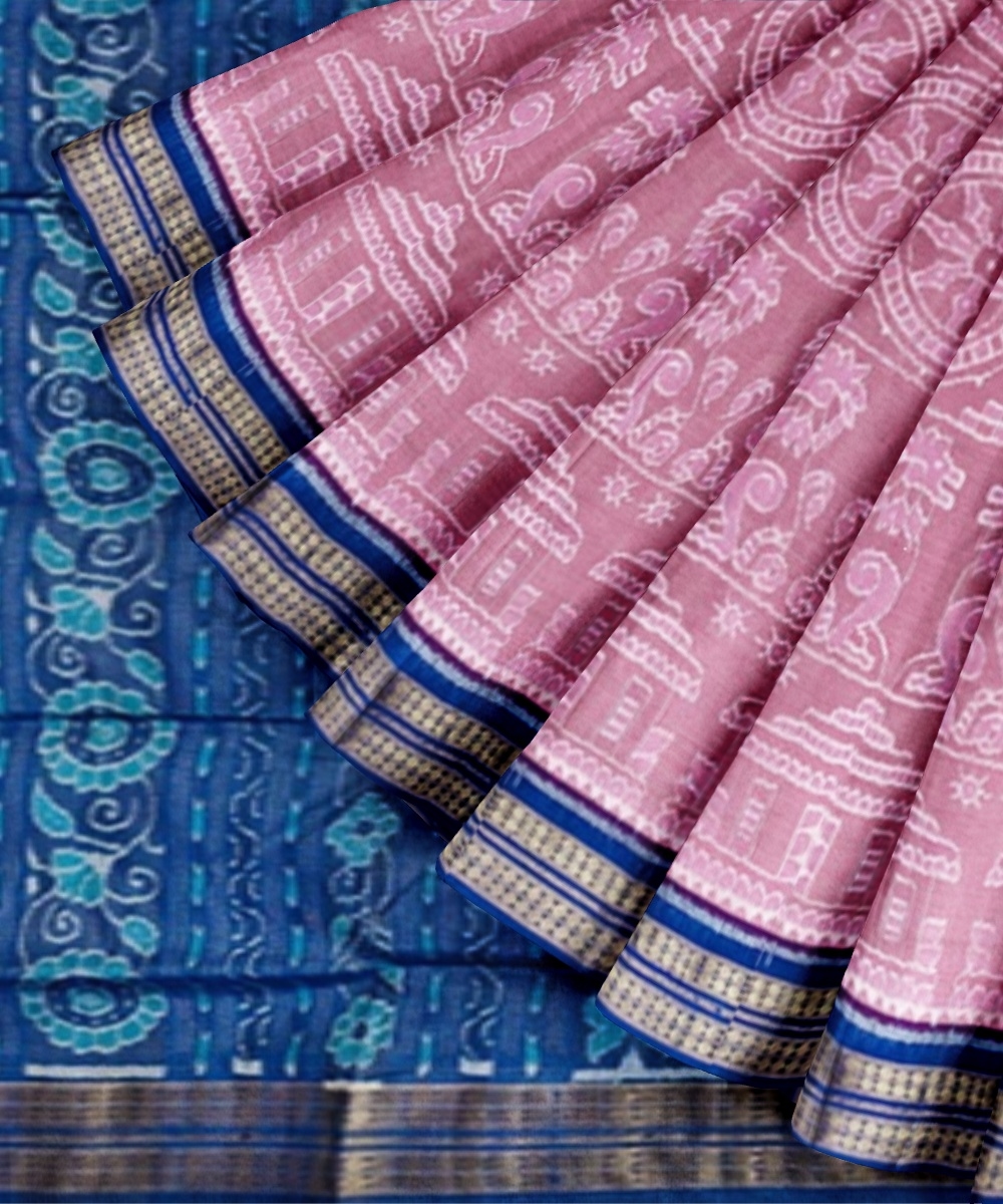 Pink Blue Sambalpuri Handwoven Ikat Silk Saree Image 4