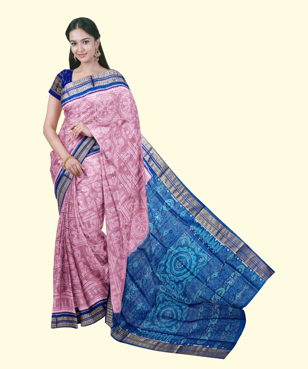 Pink Blue Sambalpuri Handwoven Ikat Silk Saree Image 1