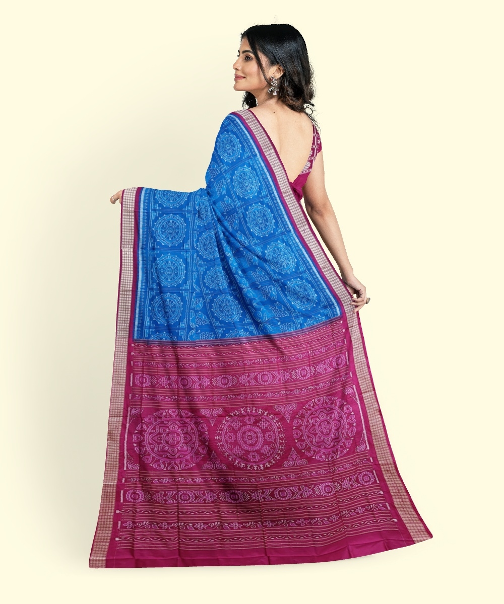 Blue Red Sambalpuri Handwoven Ikat Silk Saree Image 4
