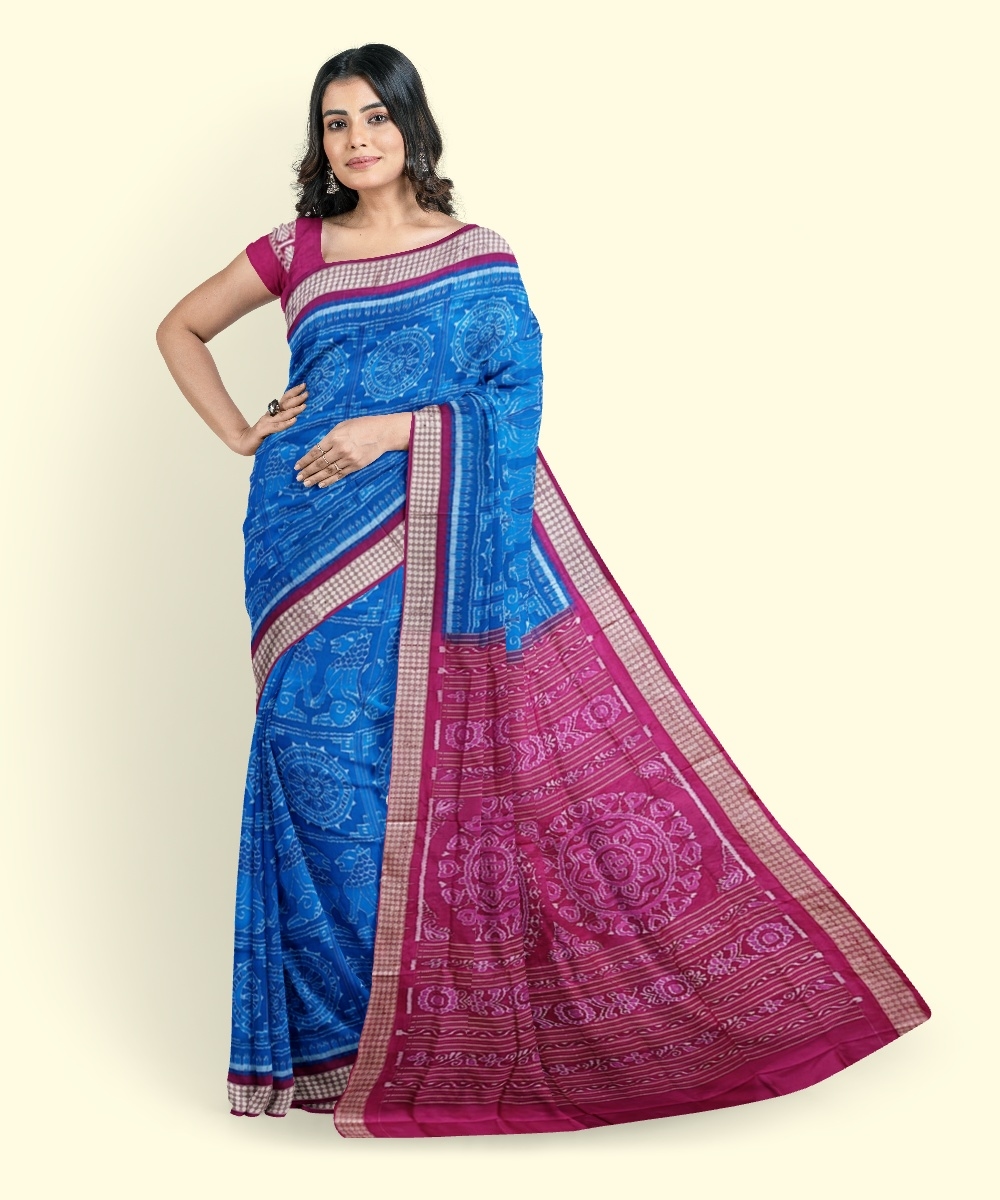 Blue Red Sambalpuri Handwoven Ikat Silk Saree Image 1