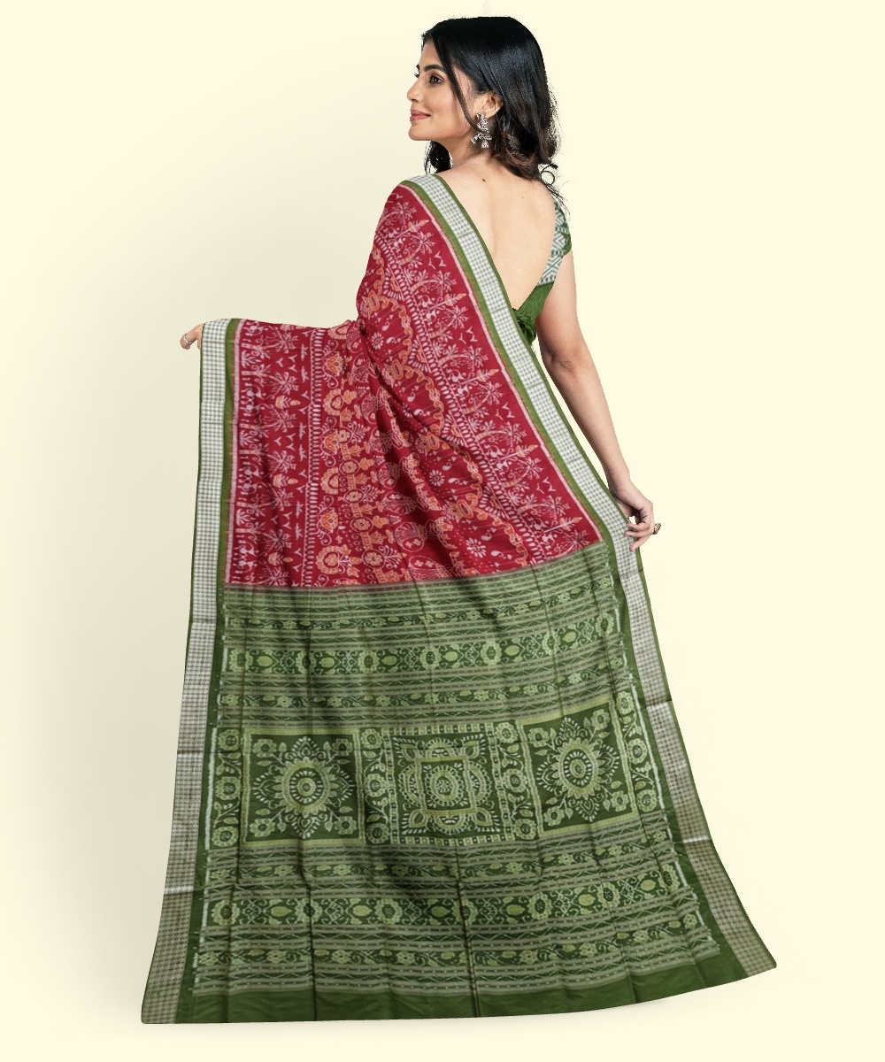 Red Green Sambalpuri Handwoven Ikat Silk Saree Image 2