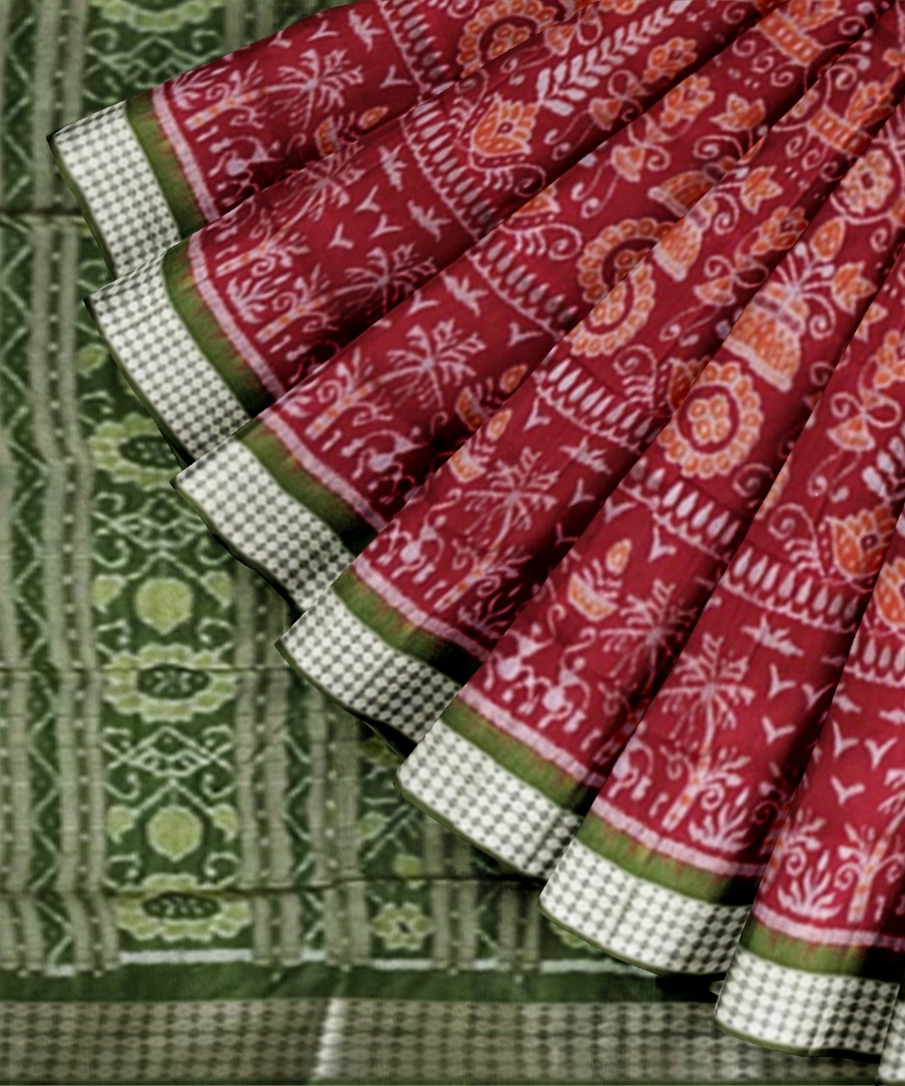 Red Green Sambalpuri Handwoven Ikat Silk Saree Image 3