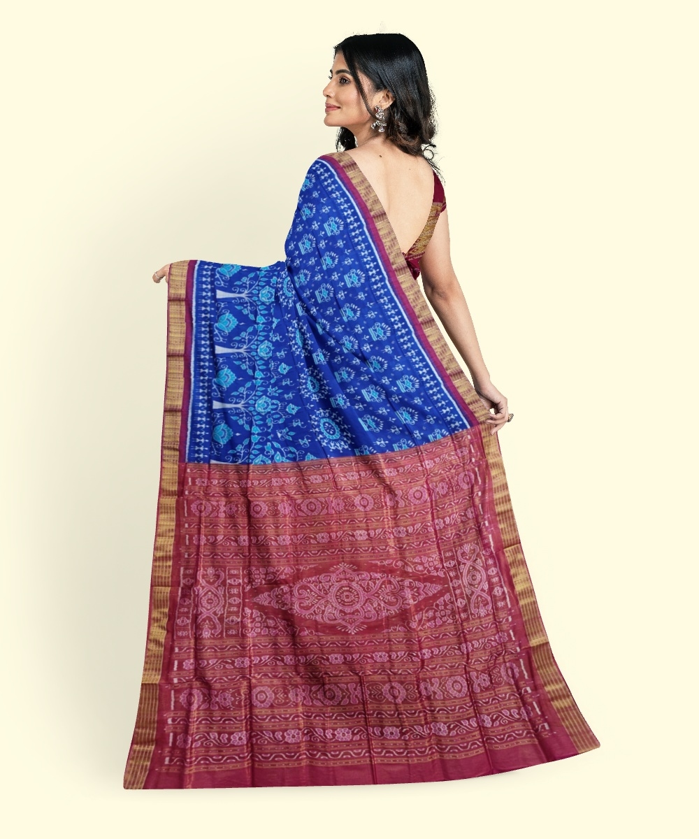 Blue Red Sambalpuri Handwoven Ikat Silk Saree Image 3