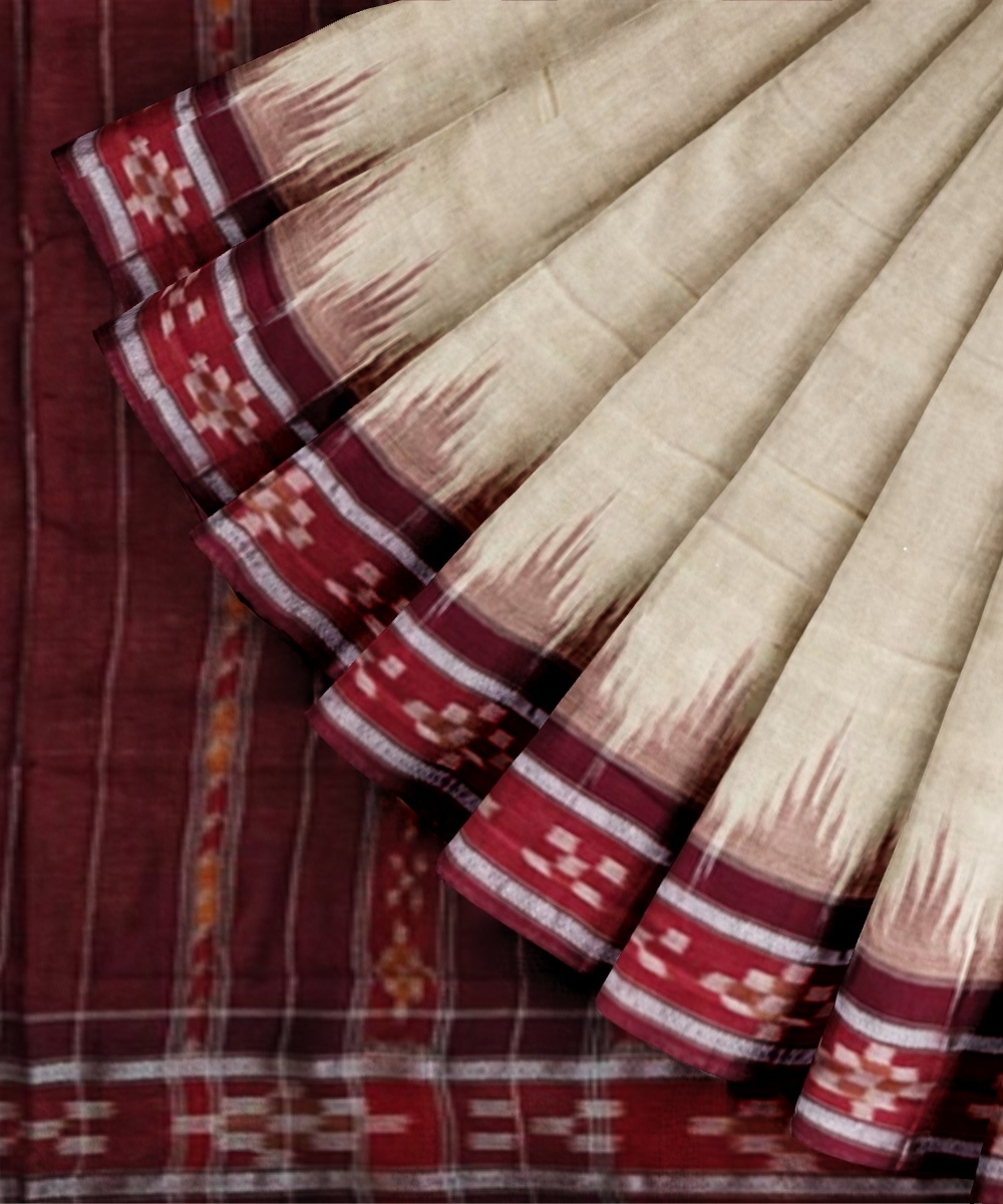 Beige Maroon Sambalpuri Handwoven Single Ikat Cotton Saree Image 3