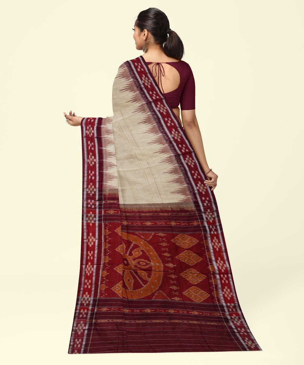 Beige Maroon Sambalpuri Handwoven Single Ikat Cotton Saree Image 4