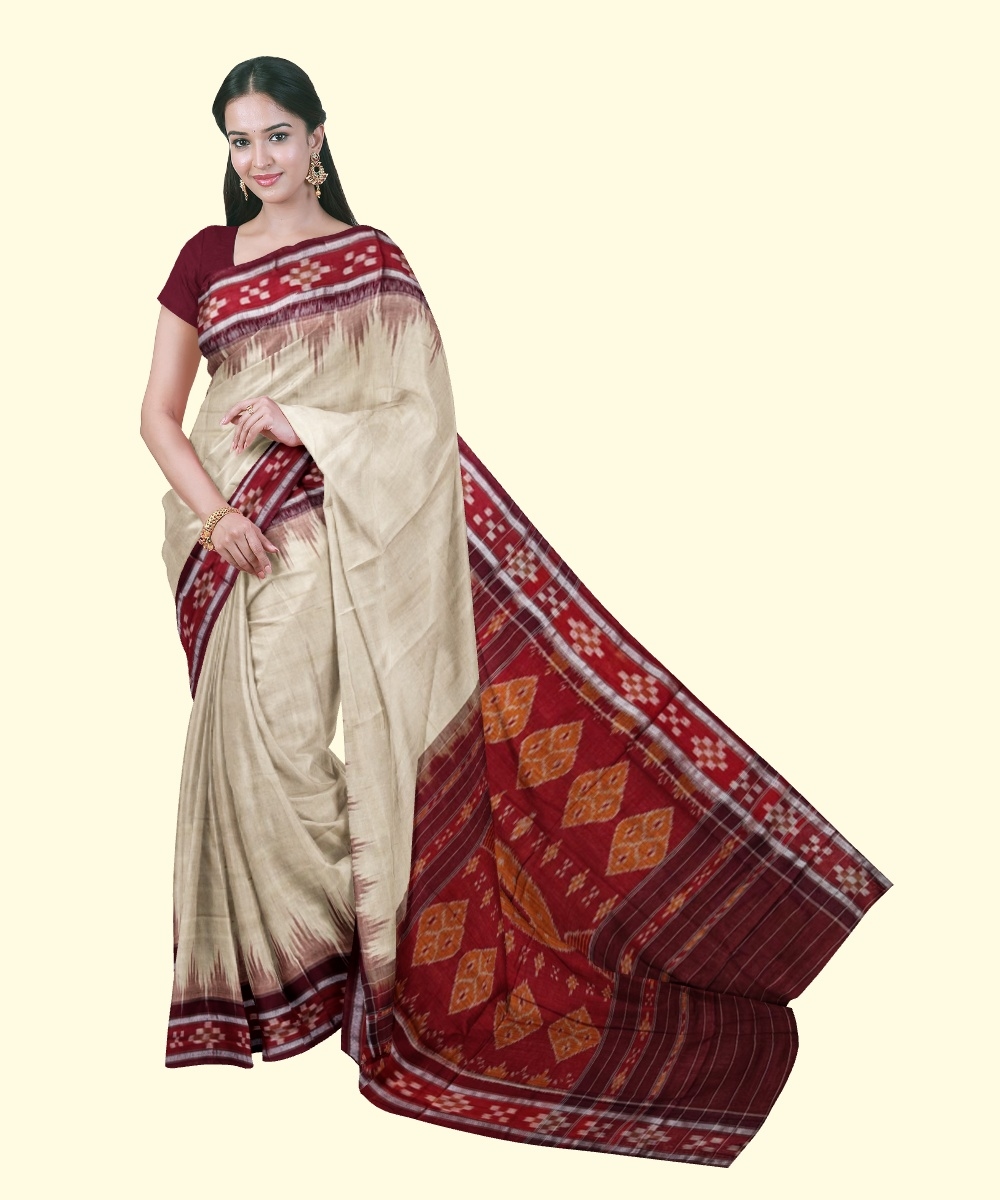 Beige Maroon Sambalpuri Handwoven Single Ikat Cotton Saree Image 1