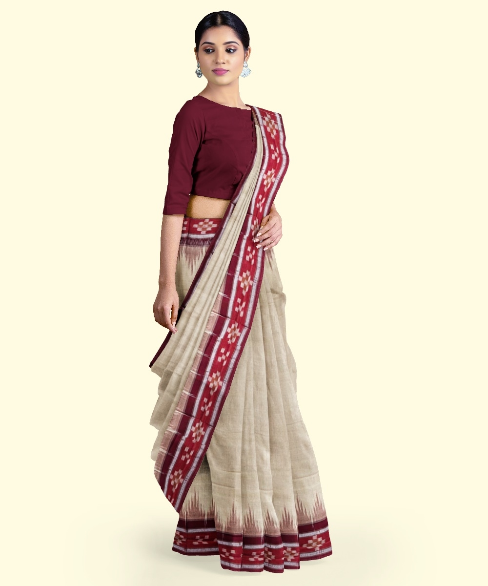 Beige Maroon Sambalpuri Handwoven Single Ikat Cotton Saree Image 2