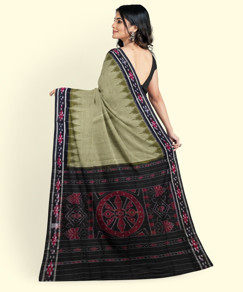 Olive Black Sambalpuri Handwoven Single Ikat Cotton Saree Image 4