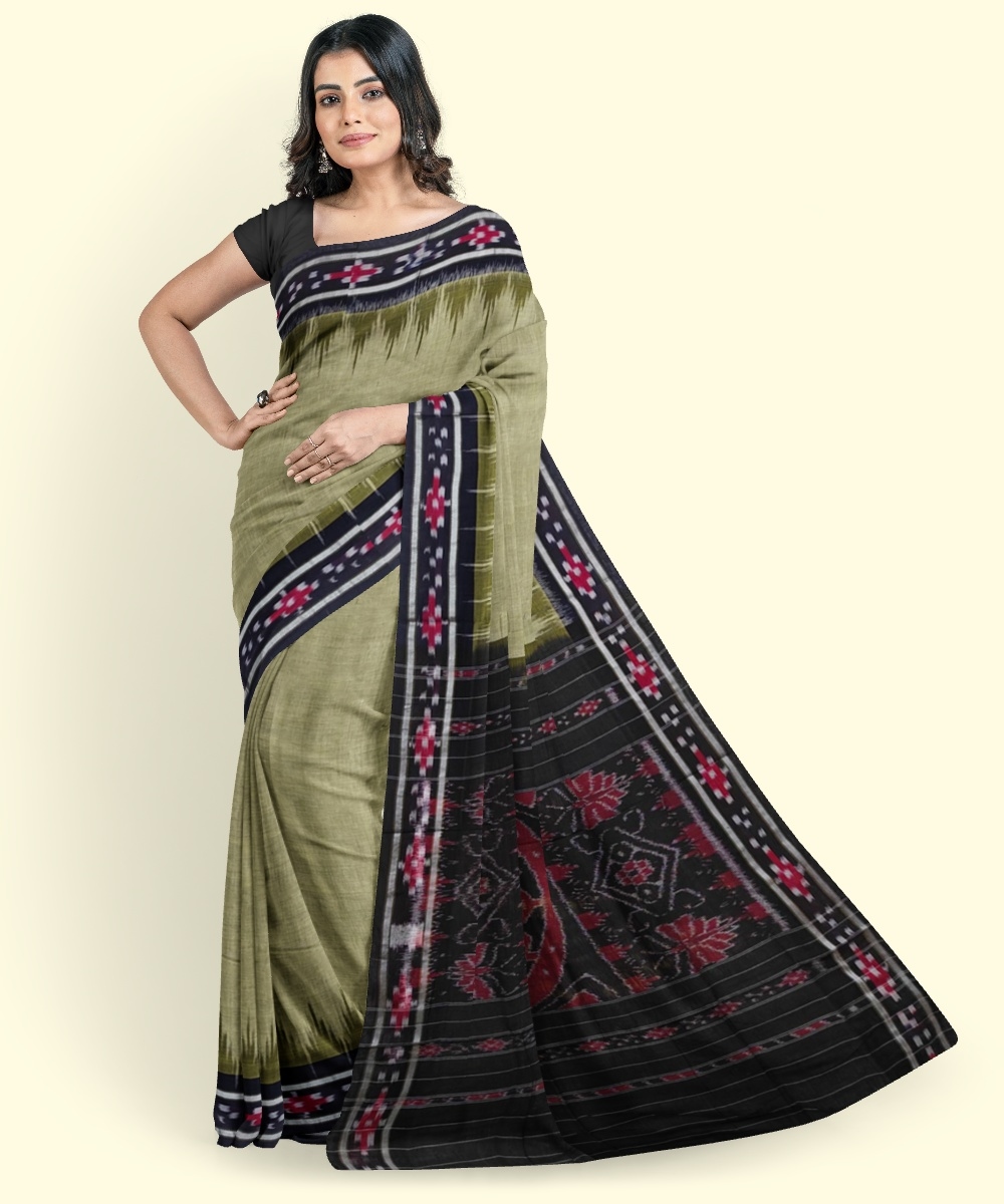 Olive Black Sambalpuri Handwoven Single Ikat Cotton Saree Image 1