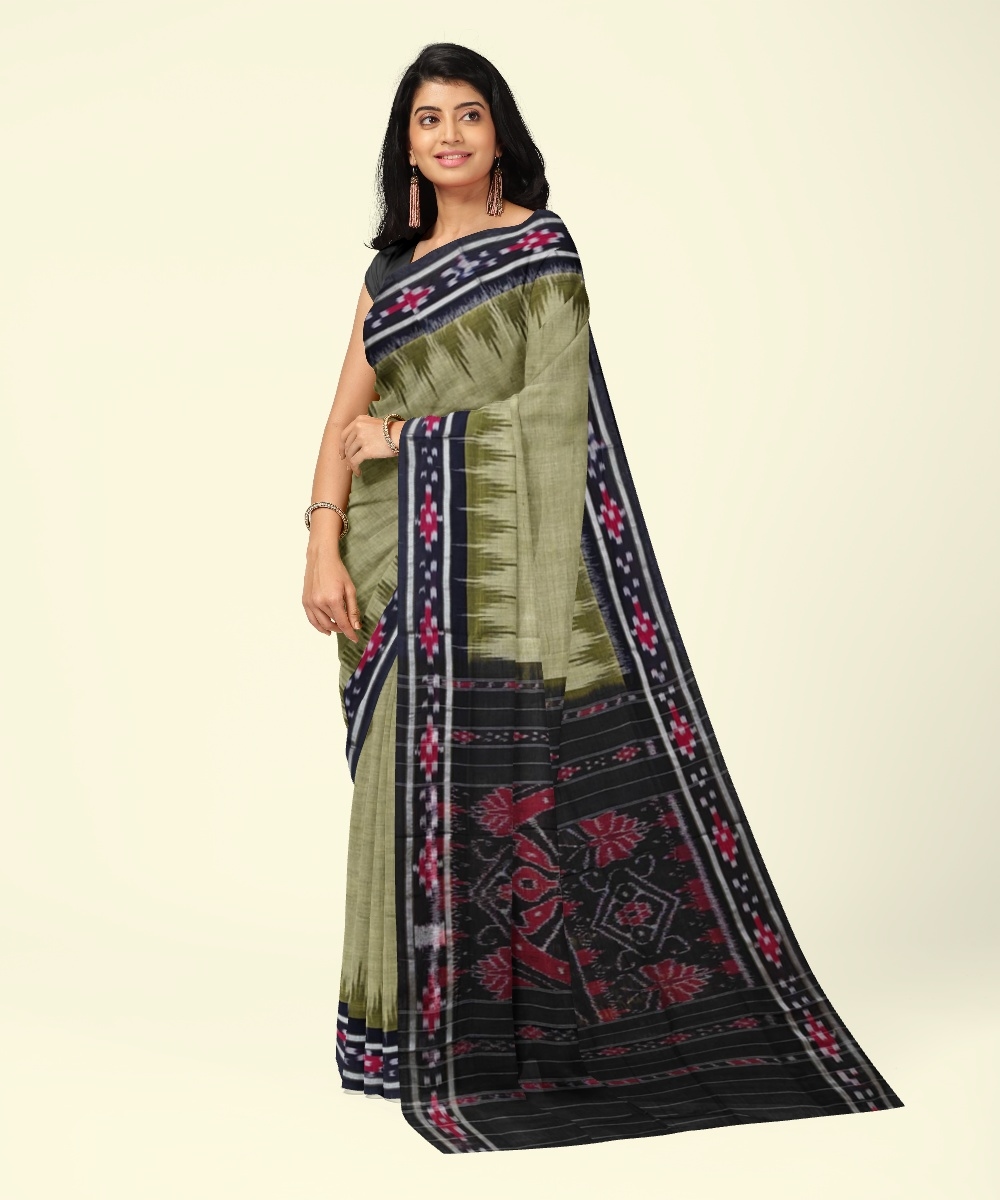 Olive Black Sambalpuri Handwoven Single Ikat Cotton Saree Image 2