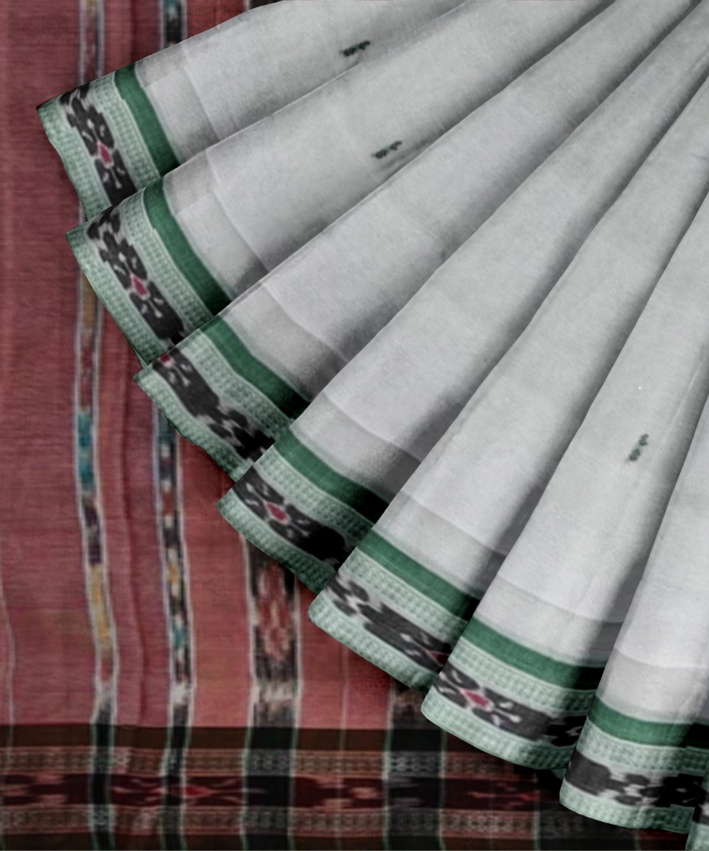 White Green Sambalpuri Handwoven Single Ikat Cotton Saree Image 3