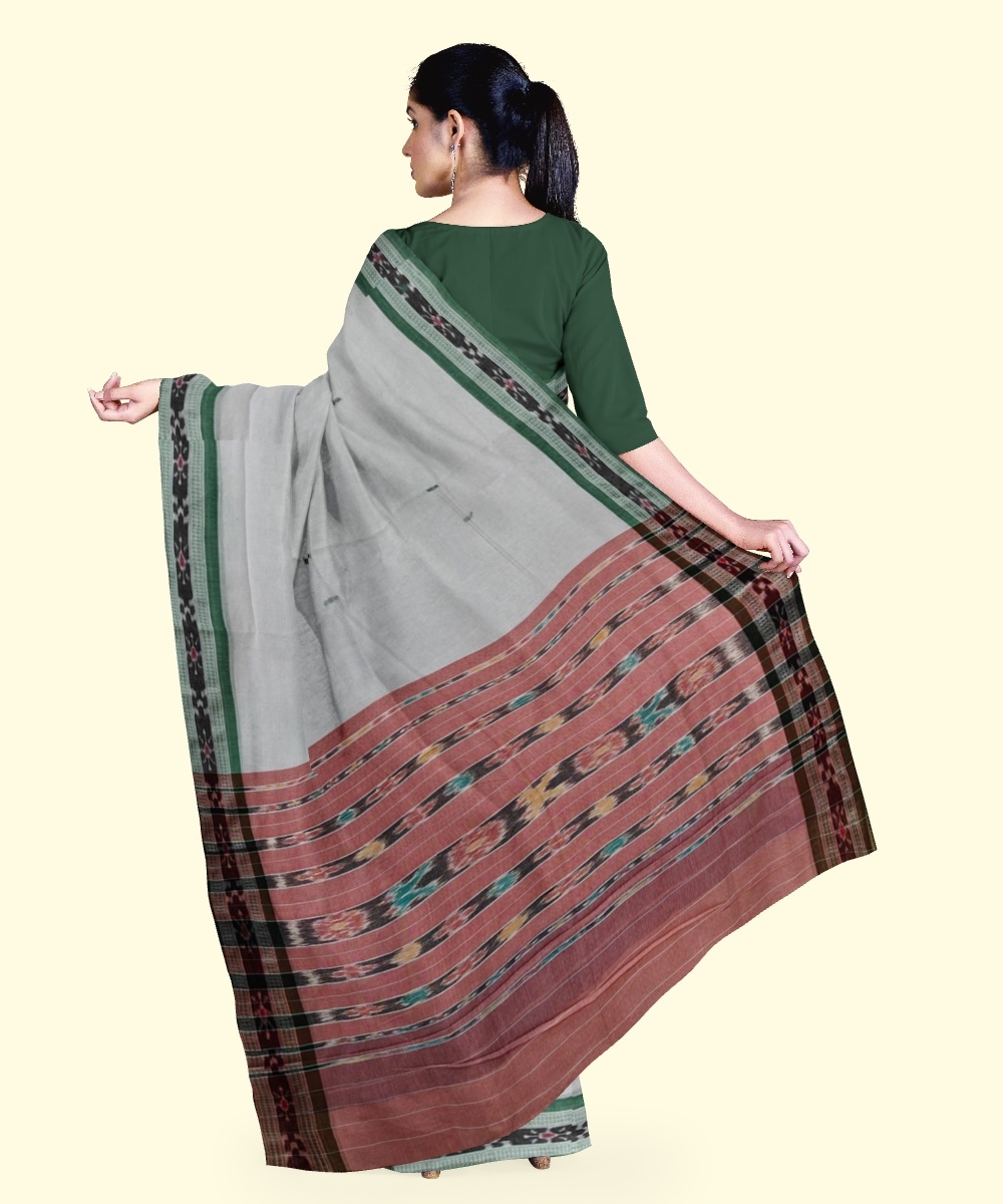 White Green Sambalpuri Handwoven Single Ikat Cotton Saree Image 4
