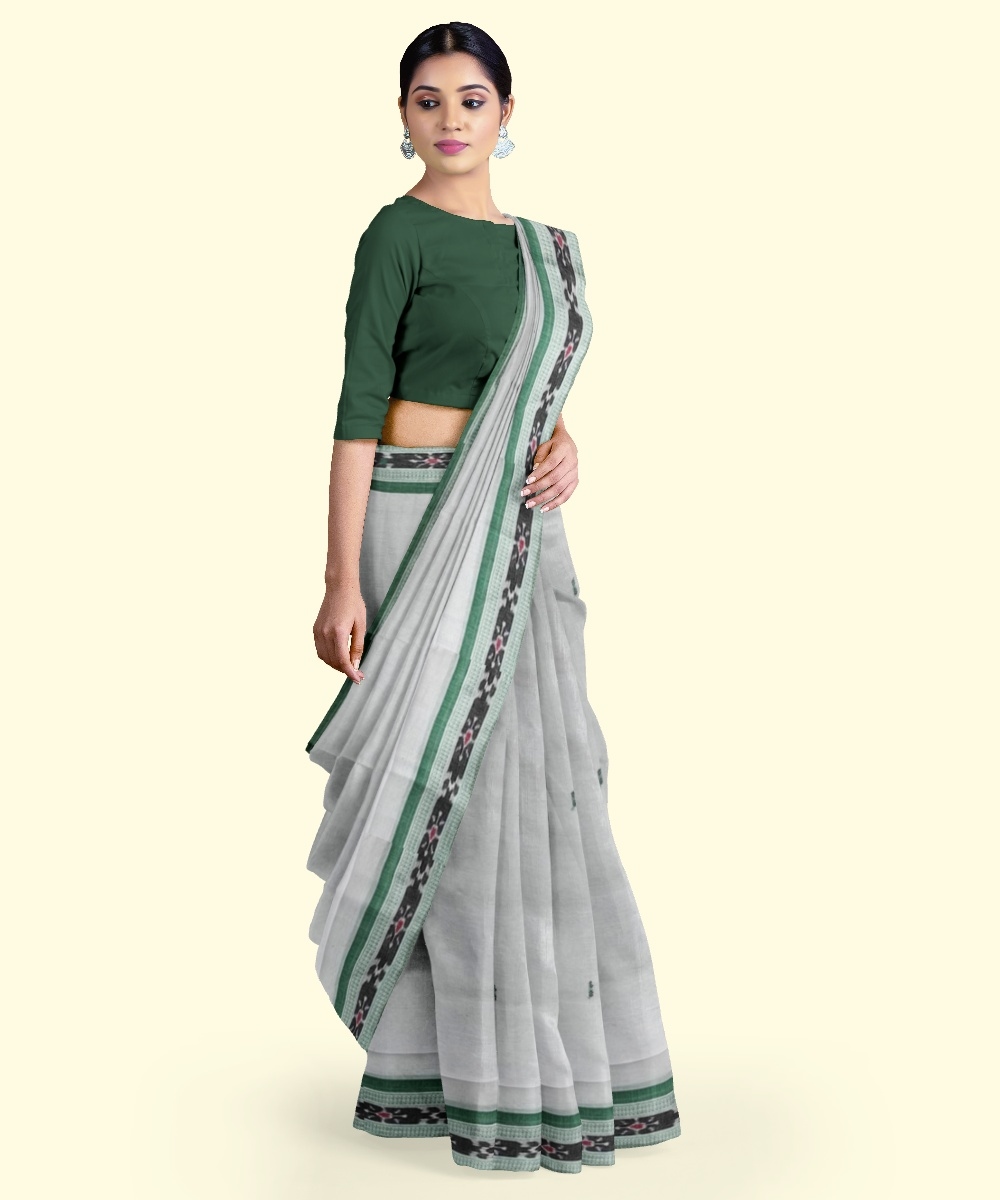 White Green Sambalpuri Handwoven Single Ikat Cotton Saree Image 2