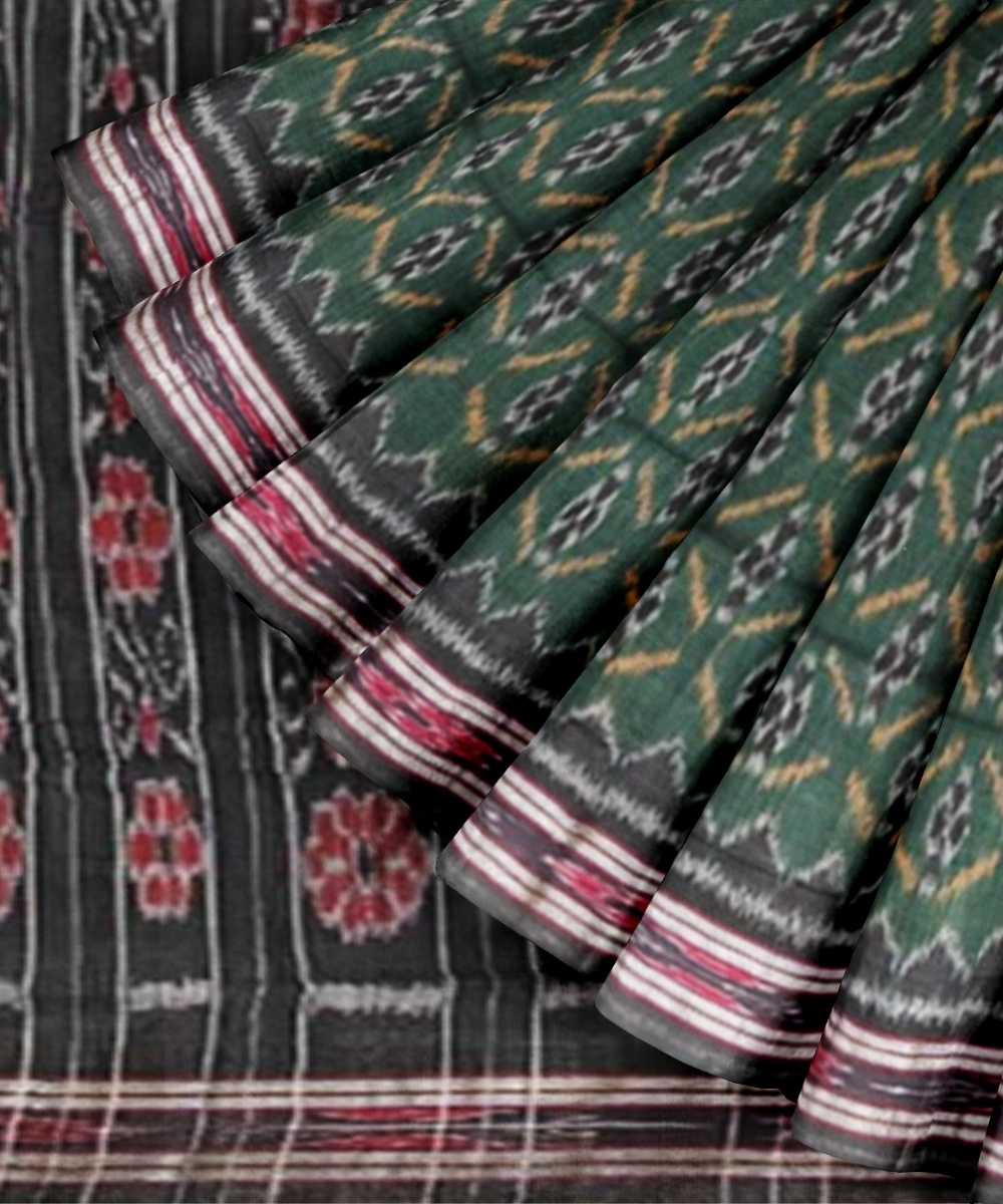 Green Black Sambalpuri Handwoven Single Ikat Cotton Saree Image 3