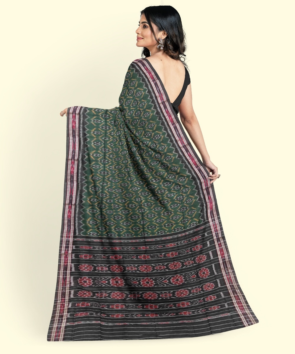 Green Black Sambalpuri Handwoven Single Ikat Cotton Saree Image 4