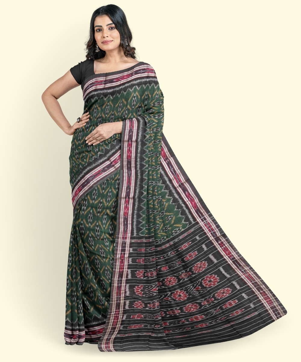 Green Black Sambalpuri Handwoven Single Ikat Cotton Saree Image 1