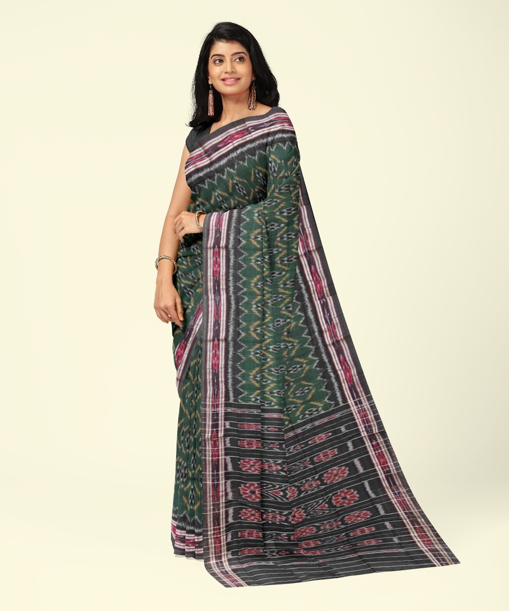 Green Black Sambalpuri Handwoven Single Ikat Cotton Saree Image 2