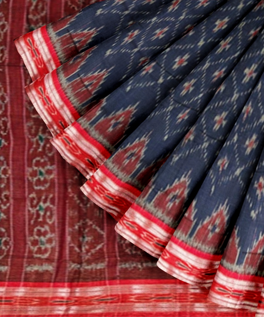 Blue Red Sambalpuri Handwoven Single Ikat Cotton Saree Image 3
