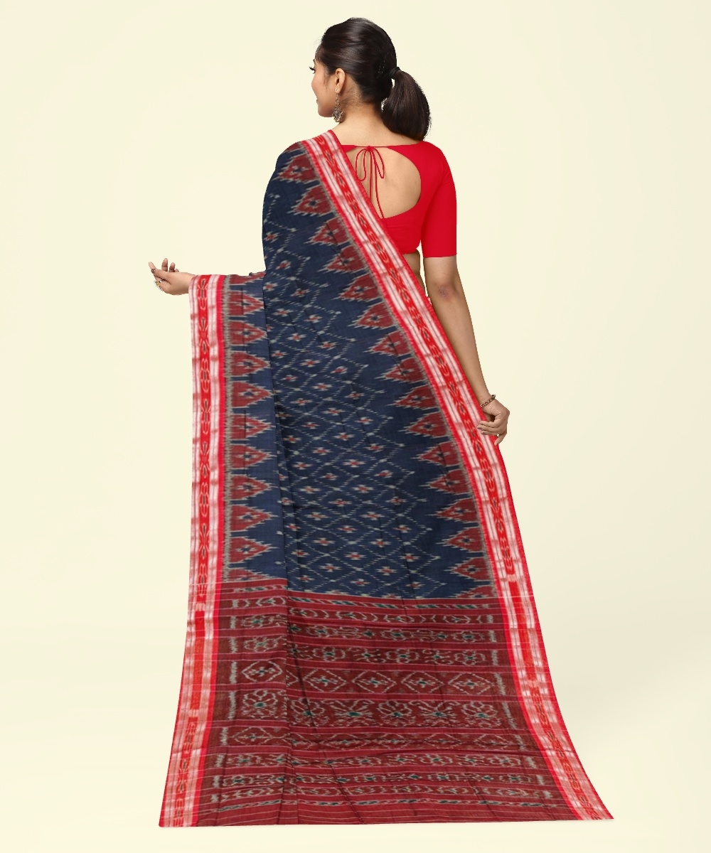 Blue Red Sambalpuri Handwoven Single Ikat Cotton Saree Image 4
