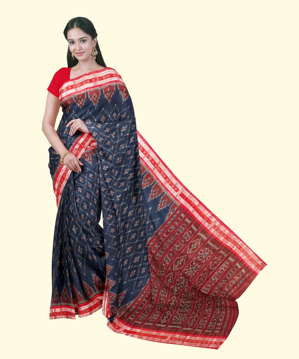 Blue Red Sambalpuri Handwoven Single Ikat Cotton Saree Image 1