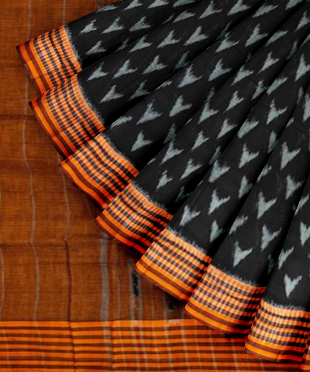 Black Orange Sambalpuri Handwoven Single Ikat Cotton Saree Image 3